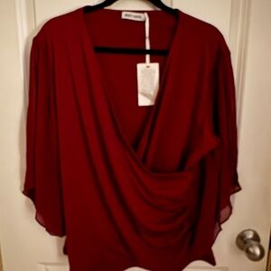 Grace Karin Burgundy Draped Surplice Blouse with Flowing Dolman Sleeves
